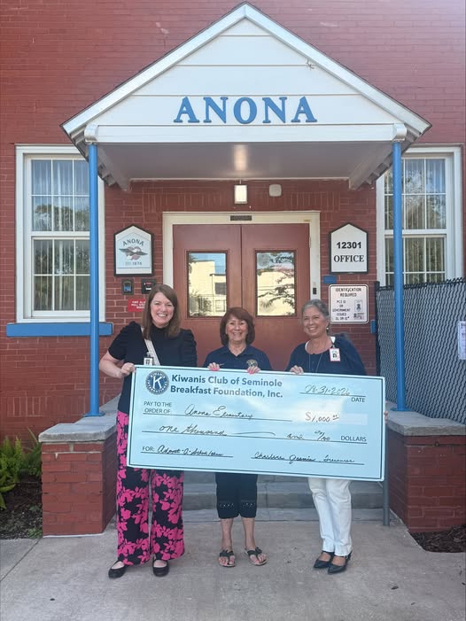 Our Treasurer, Charlene Jasmin, presenting Anona Elementary Principal Brandie Miller and Assistant Principal Ann Palmer with a $1,000 check as part of our Adopt-A-School program. 